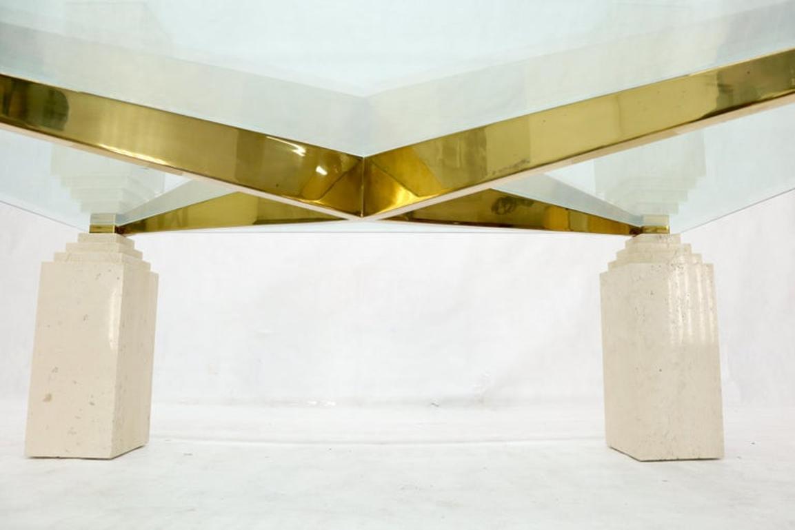 Square Travertine Legs Brass X Shape Base Glass Top Coffee Table