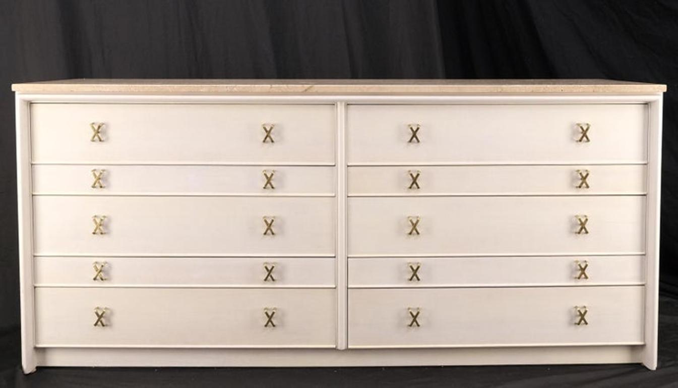 Paul Frankl for Johnson White Wash Marble Top 10 Drawers Dresser Brass x Pulls