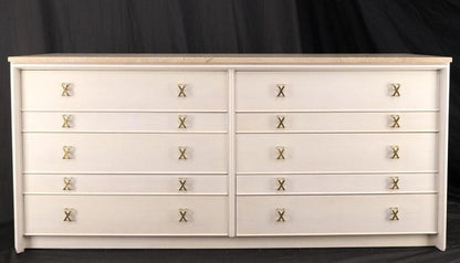Paul Frankl for Johnson White Wash Marble Top 10 Drawers Dresser Brass x Pulls
