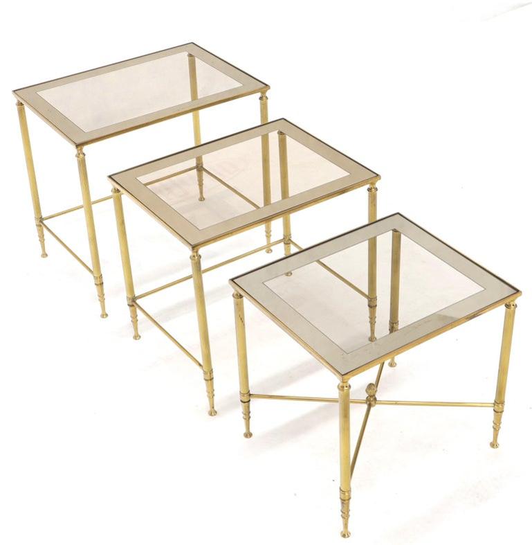 Set of 3 Brass Mirrored Border Glass Tops Nesting Stacking Tables