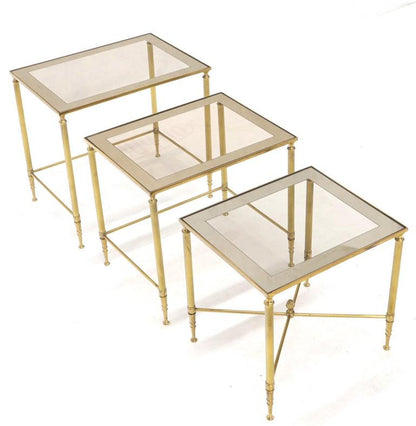 Set of 3 Brass Mirrored Border Glass Tops Nesting Stacking Tables