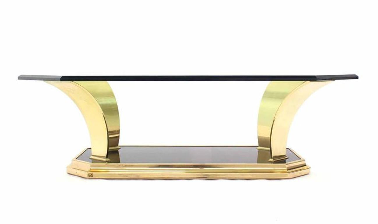 Brass Modern Leaf Motif Base and Glass Top Rectangular Coffee Table