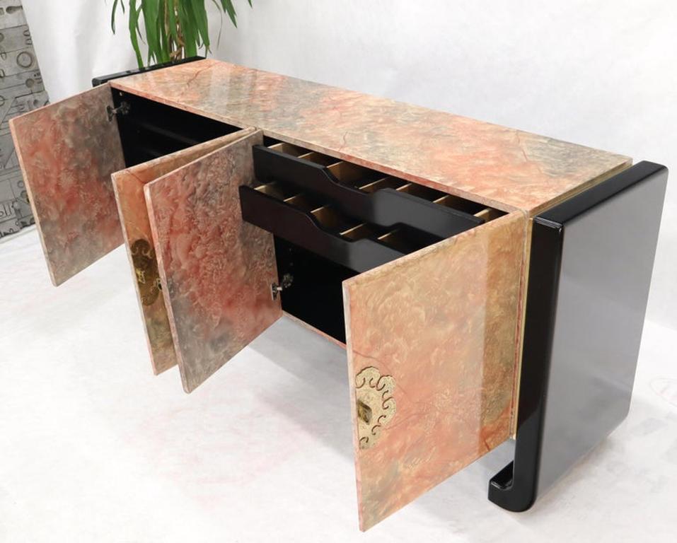 Four Doors Black Lacquer Faux Finish Brass Hardware Pull Credenza Dresser Server