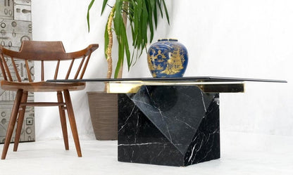 Black Cube Shape Marble Base Brass Stretchers Square Glass Top Coffee Table