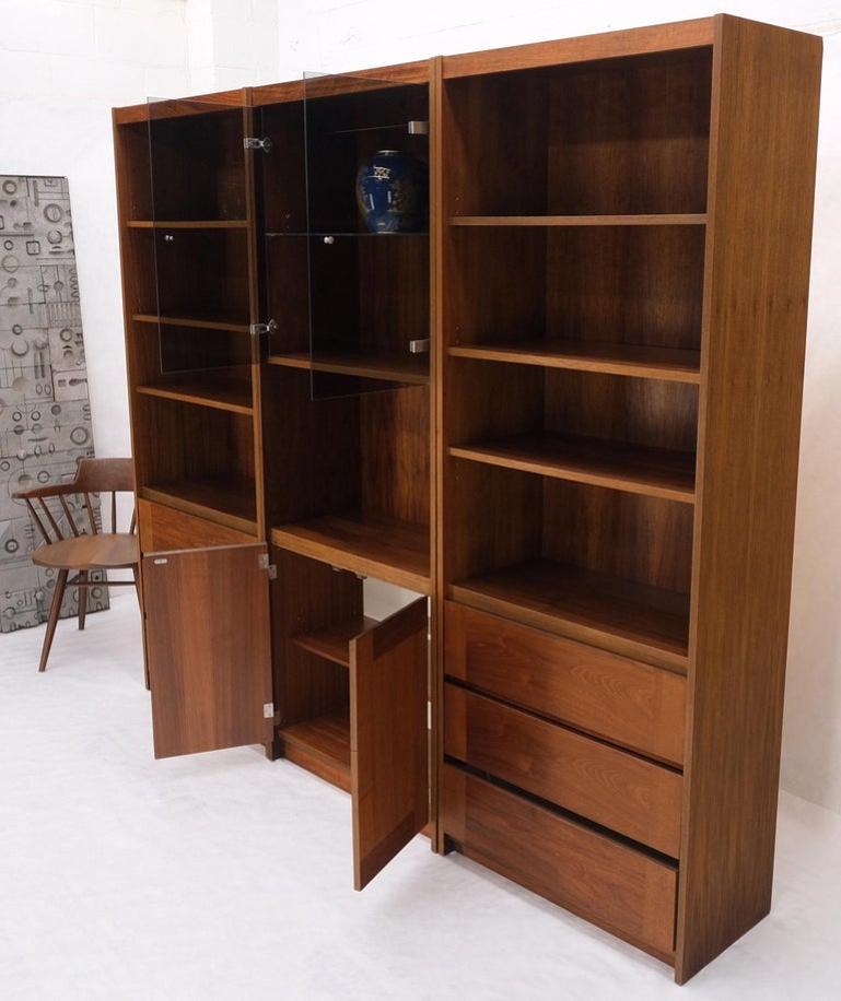 3 Bay Mid-Mentury Modern Walnut Glass Doors Bookcase Wall Unit Curio Cabinet
