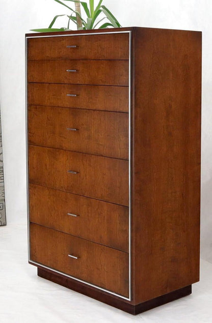 Seven Drawers Burl Wood Chrome Metal Bezel High Chest Dresser by John Stuart