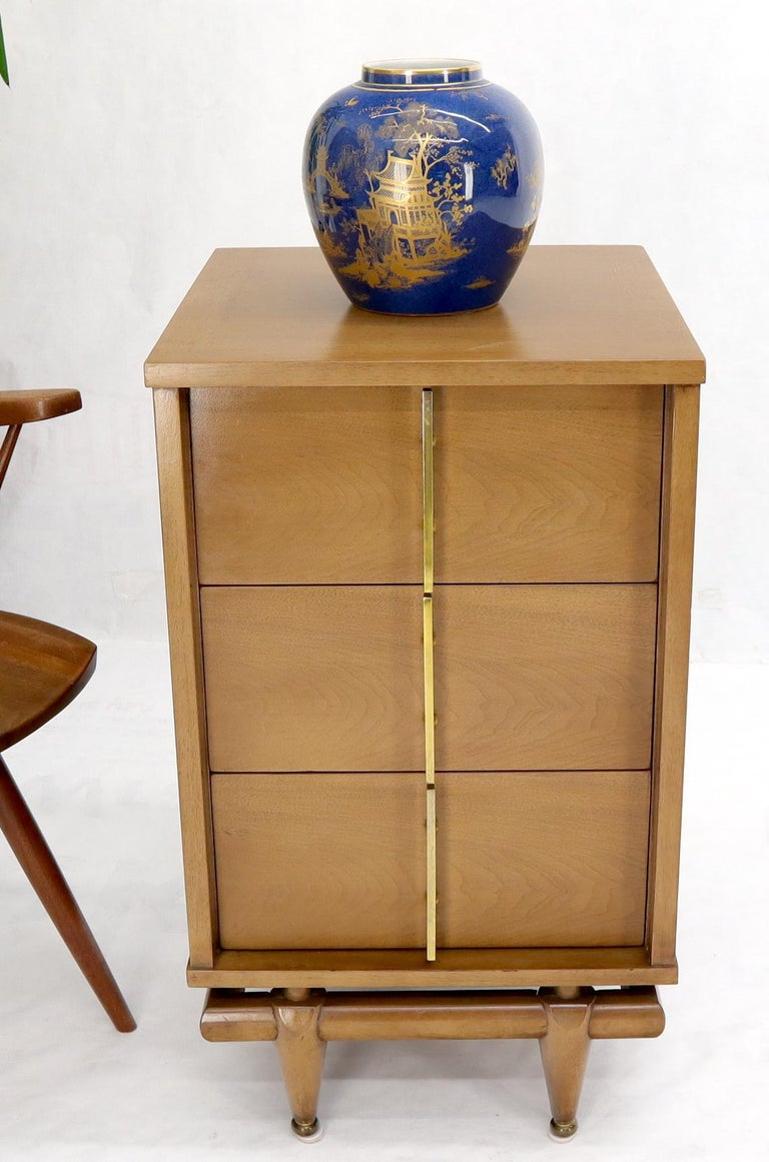 Light American Walnut Three Drawer End Table Night Stand w/ Brass Hardware Pulls