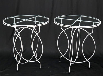 Pair of Midcentury Ice Cream Style Round Folding Cafe Tables Glass Tops