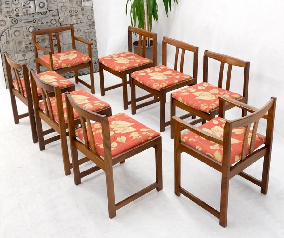 Set of 8 Solid Rosewood Red Linen Fabric Upholstery Dining Arm Side Chairs