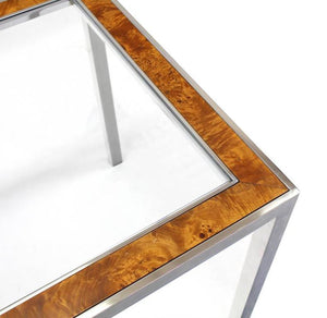Chrome Burl Wood Glass Square Side Table