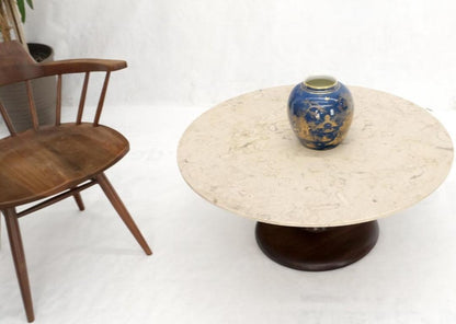 Mid-Century Modern Turned Solid Walnut Base Marble Top Round Coffee Table MINT