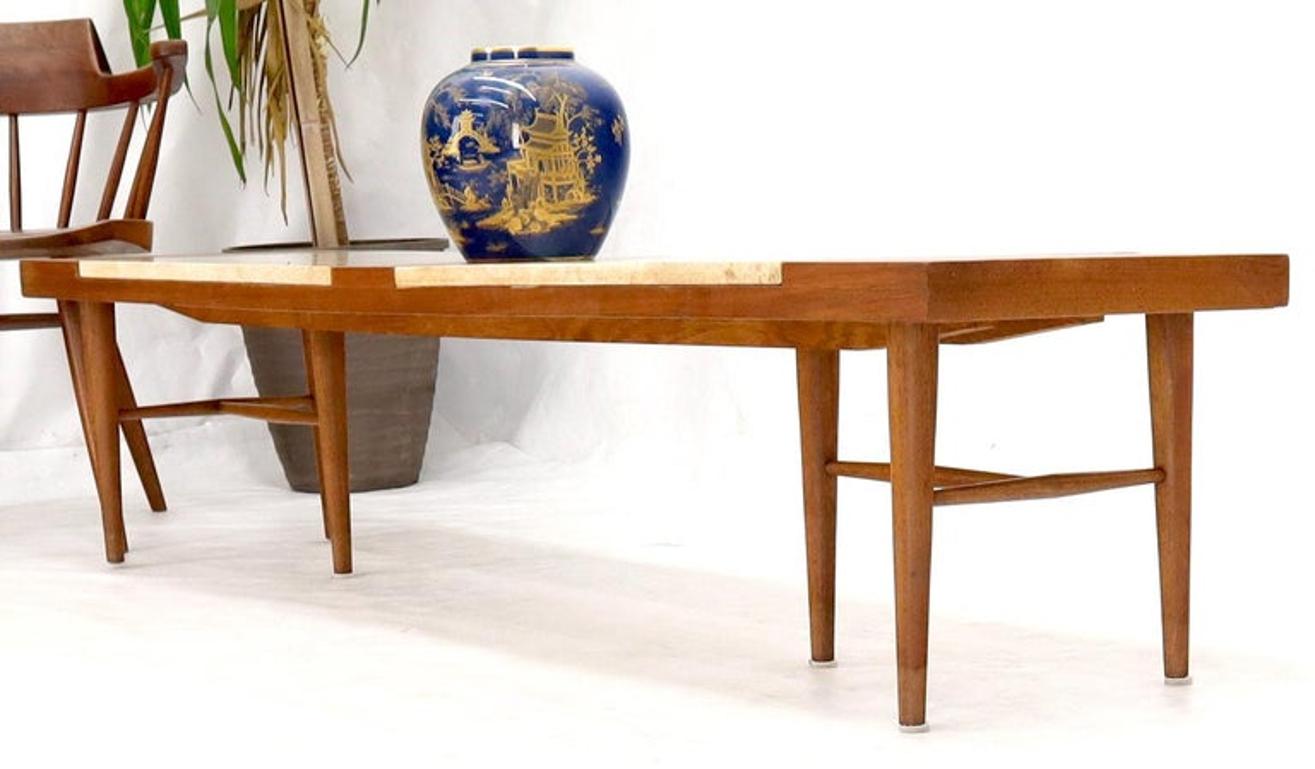 Long Rectangular Walnut Coffee Table w/ Two Travertine Inserts