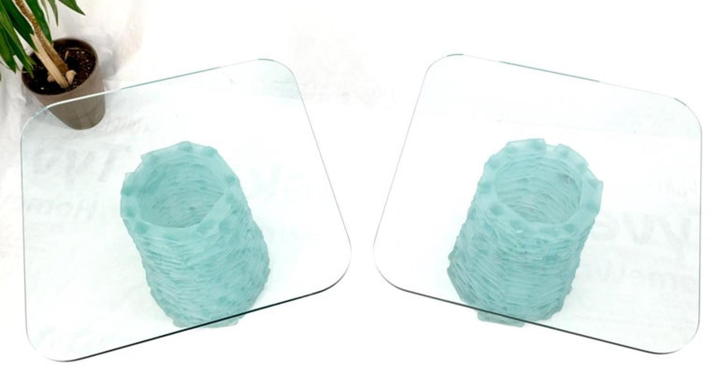 Pair of Fused Glass Blocks Pedestal Bases Rounded Square Tops Dining Game Table