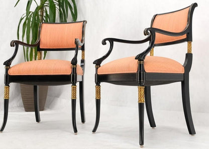 Pair Regency Ebonized Gilt Craved Fireside Dining Arm Chairs Horn Shape Leg