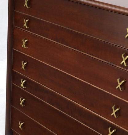 Paul Frankl Brass X-Pulls Brown Cherry High Chest with Drop Front Secretary