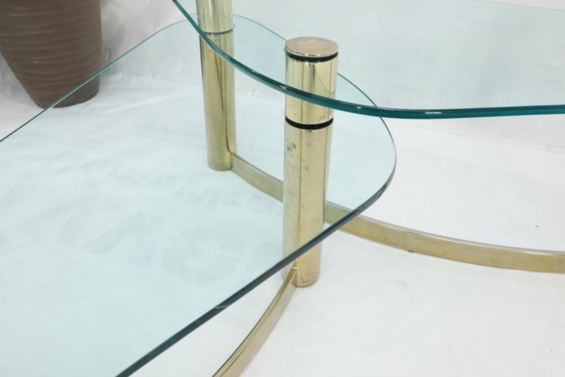 Two-Tier "L" Shape Glass and Brass Organic Kidney Shape Coffee Table