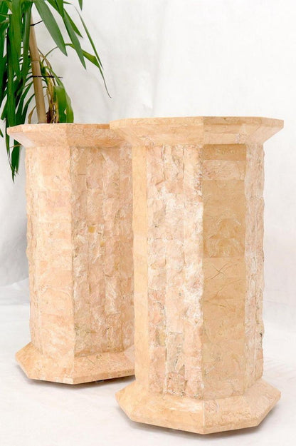 Pair of Polished Stone Tile Tessellated Octagon Shape Pedestals Stand Red White