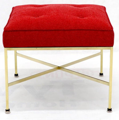 Pair of New Red Upholstery Square Brass Frames Benches Stools by Paul McCobb