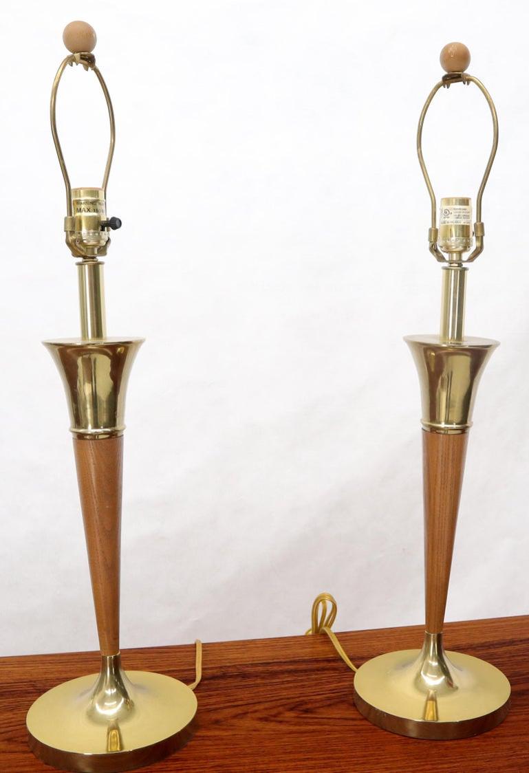 Pair of Walnut and Brass Mid-Century Modern Table Lamps