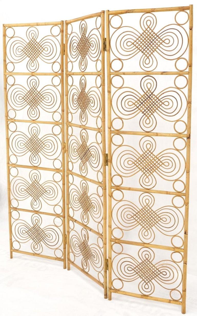 Mid Century Stunning Pattern Three Panel Bamboo Rattan Room Divider Screen Mint