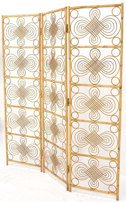 Mid Century Stunning Pattern Three Panel Bamboo Rattan Room Divider Screen Mint