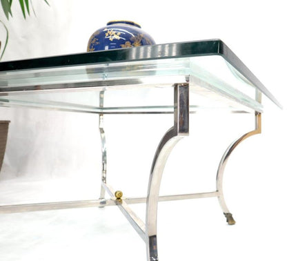 Square Chrome and Brass Hoof Feet Base Thick Glass Top Coffee Table