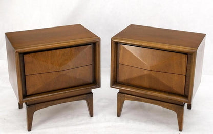 Pair Mid-Century Modern Dimond Front Drawers End Tables Nightstands Stands
