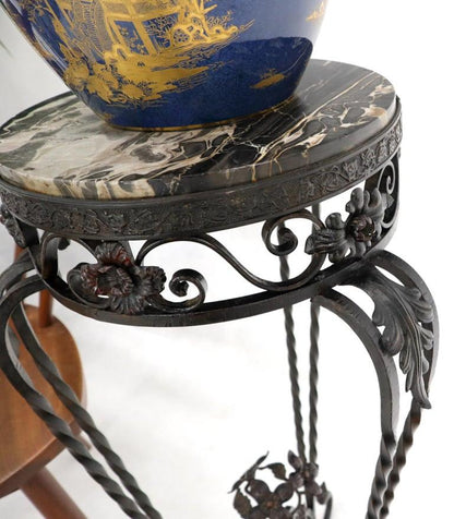 Round Black & White Marble Top Wrought Iron Pedestal Stand Table