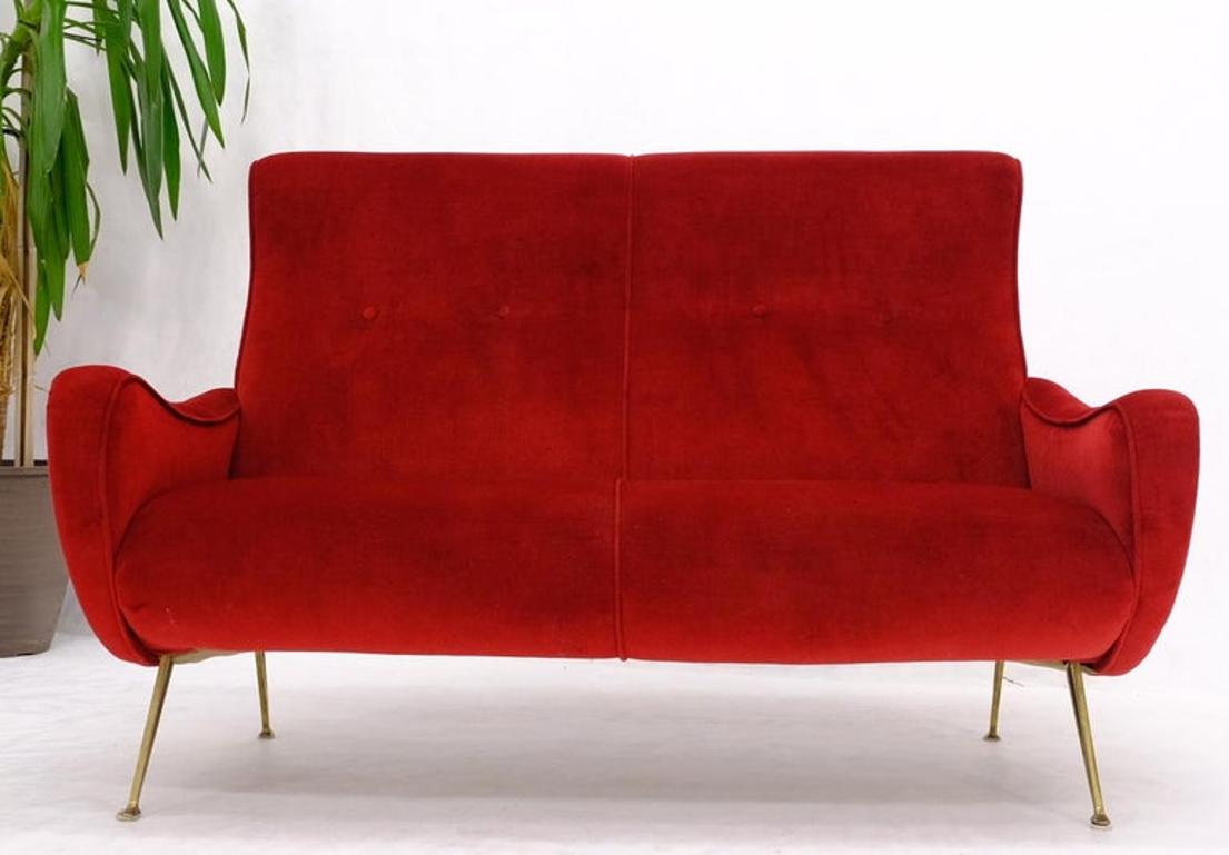 Red Upholstery Brass Legs Mid century Italian Modern Sofa Loveseat