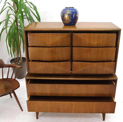 Diamond Front Walnut Mid-Century Modern Double High Chest Dresser