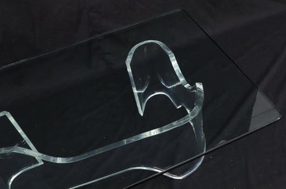 Thick Bent Lucite Organic Shape Base Rectangle Glass top Coffee Table