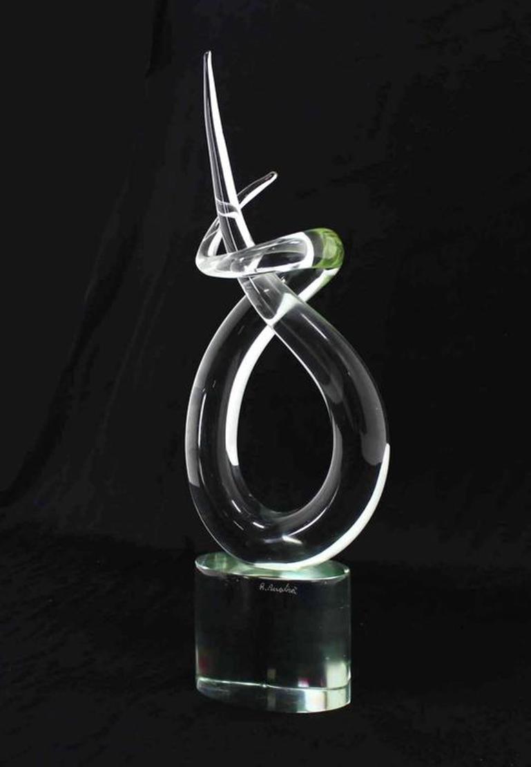 Twisted Horn Italian Glass Sculpture on Heavy Oval Base Signed