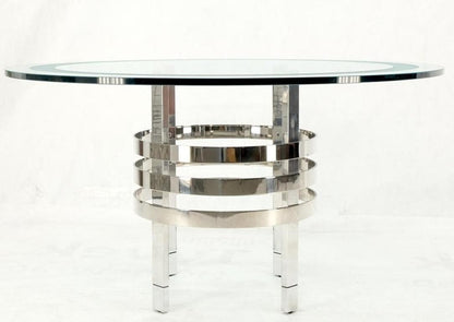 Heavy Polished Solid Stainless Steel Glass Round Dining Game Table Ribbed Design
