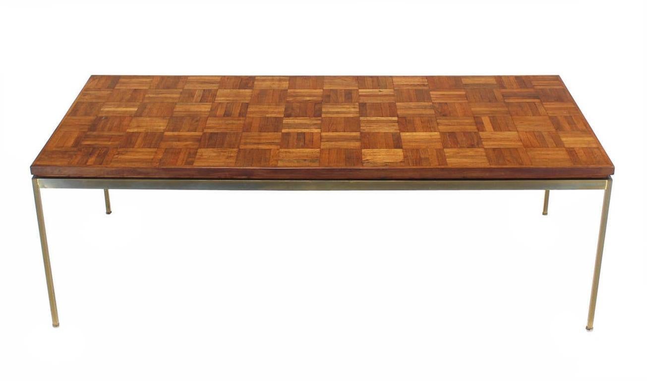 EstablishedLines Mid Century Modern Large Rectangle Brass Base Parquet Top Coffee Table MINT!