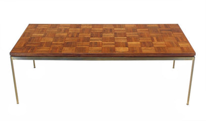 EstablishedLines Mid Century Modern Large Rectangle Brass Base Parquet Top Coffee Table MINT!