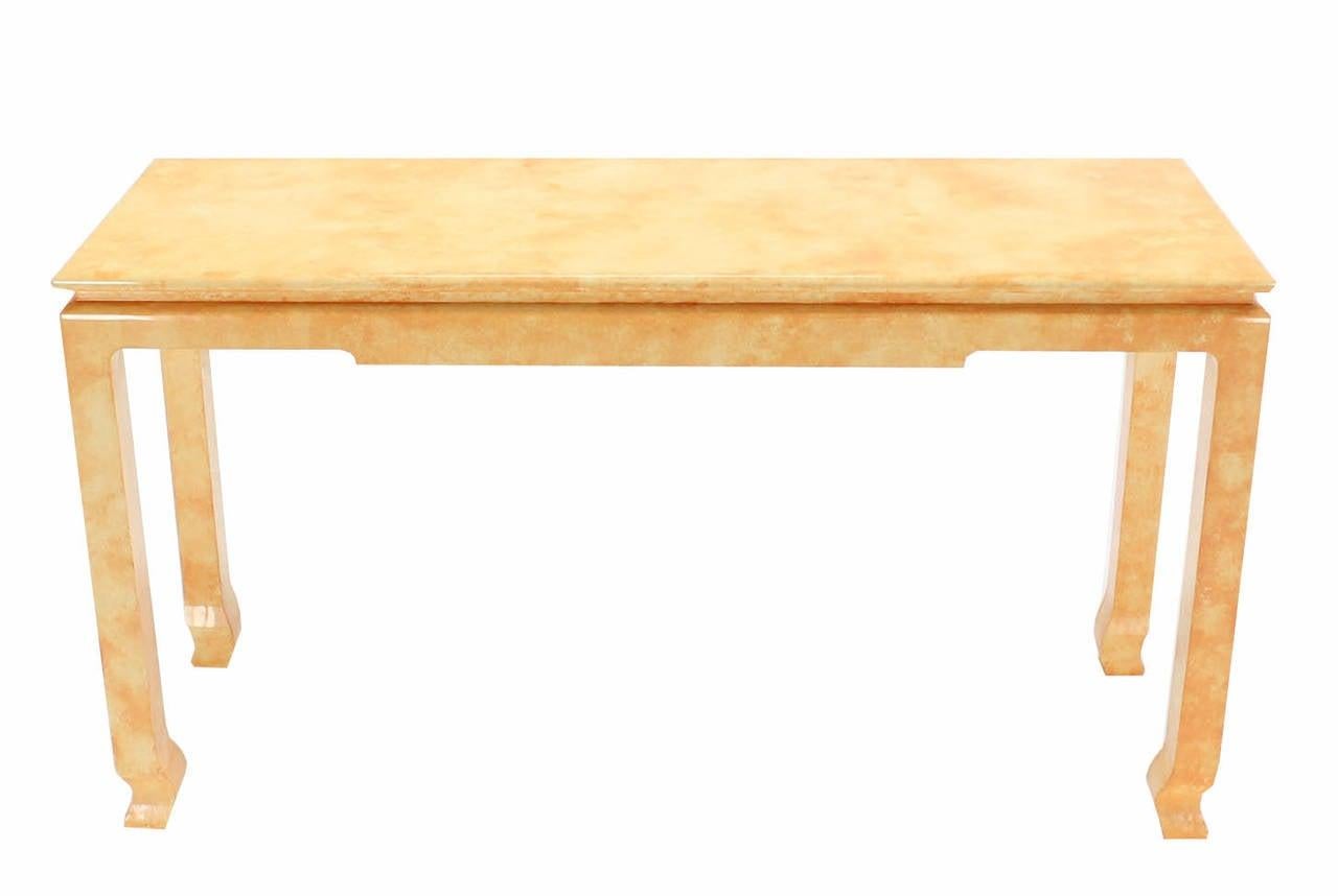 EstablishedLines Mid Century Modern Beige Faux Parchment Gloss Finish Lacquer Console Sofa Table