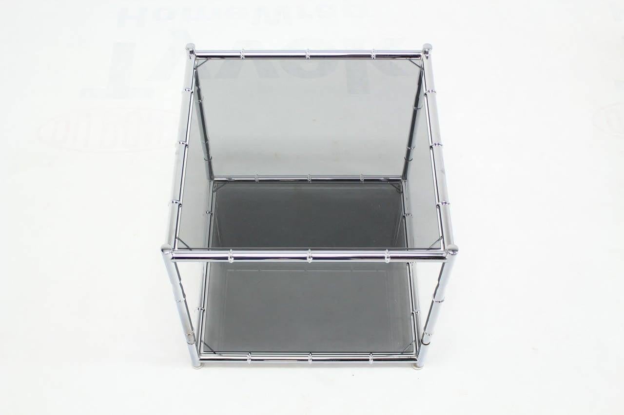 Pair of Cube Shape Chrome Faux Bamboo Frame End Tables Smoked Glass Top MINT!