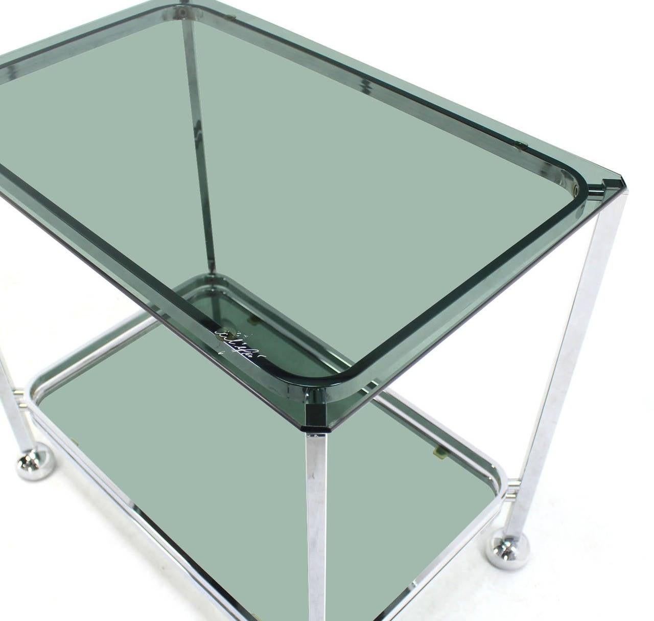 Chrome Tinted Smoked Glass Rolling Tea Cart with Concealed Wheels