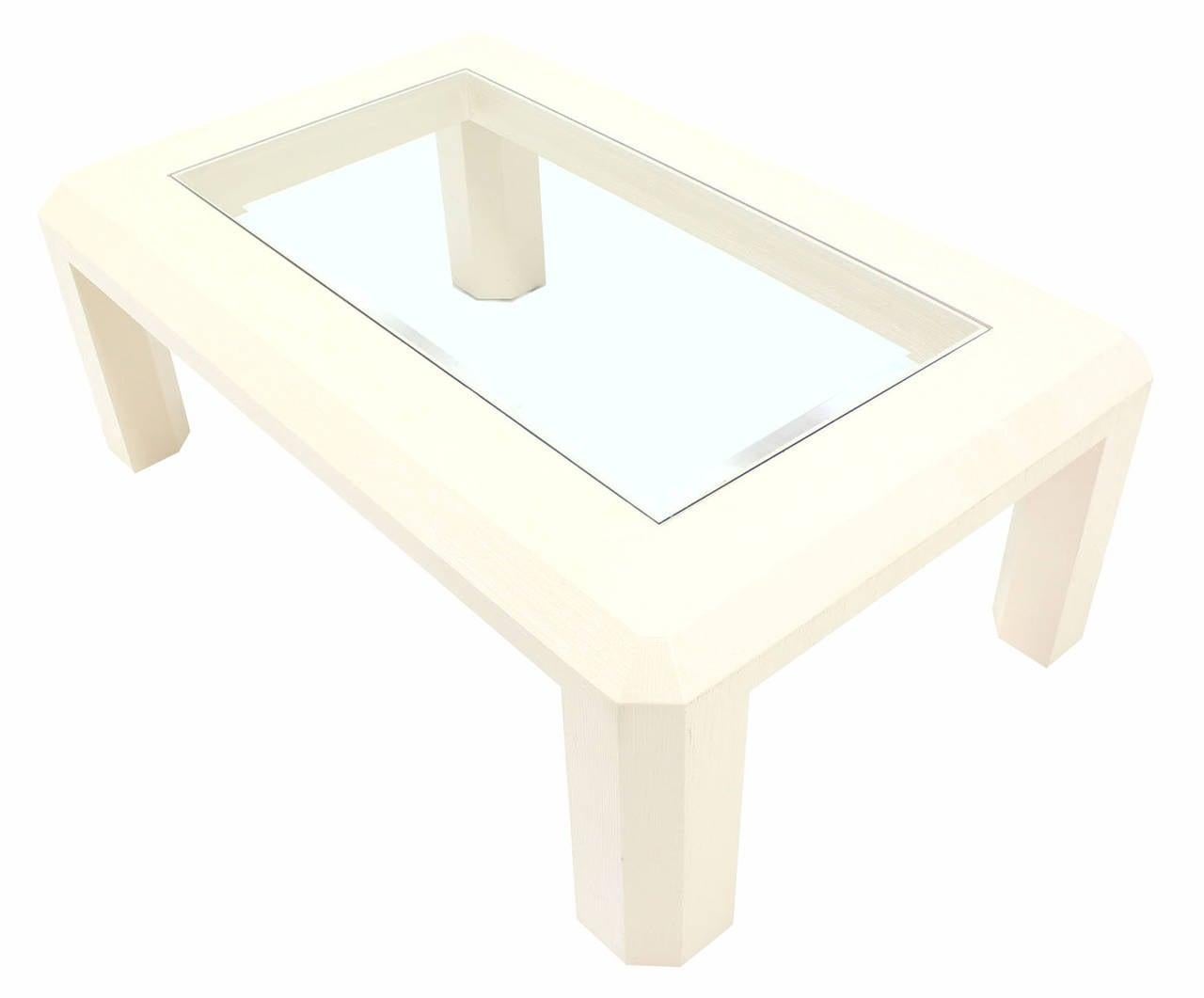 EstablishedLines Beige Lacquered Textured Grass Cloth Rafia Rectangular Glass Top Coffee Table