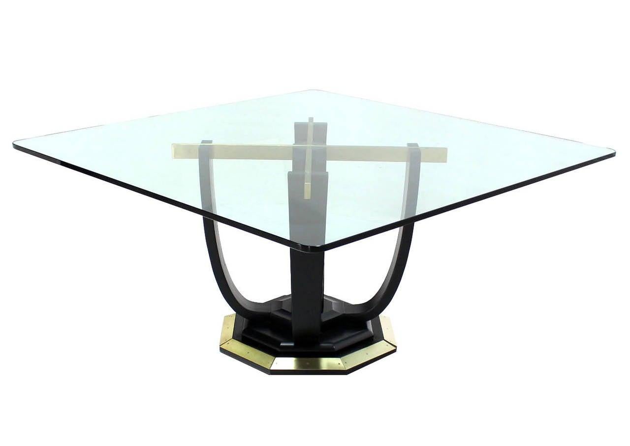 EstablishedLines Large Square Glass Top Black Lacquer Brass Base Dining Conference Table MINT