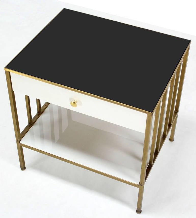 EstablishedLines Solid Brass Mid Century Modern End Side Table One Drawer Stand Smoked Glass Top