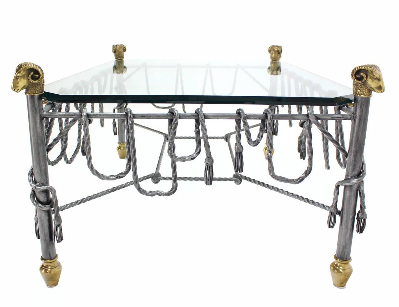Ornate Wrought Iron Brass Ram Head Motive Glass Top Rectangle Coffee Table Mint