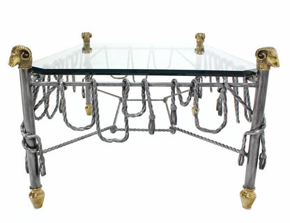 Ornate Wrought Iron Brass Ram Head Motive Glass Top Rectangle Coffee Table Mint