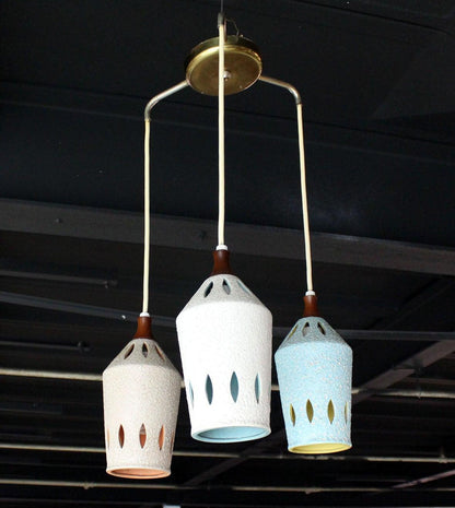 Triple Colored Glazed Pierced Pottery Ceramic Shades Pendant Light Fixture MINT!