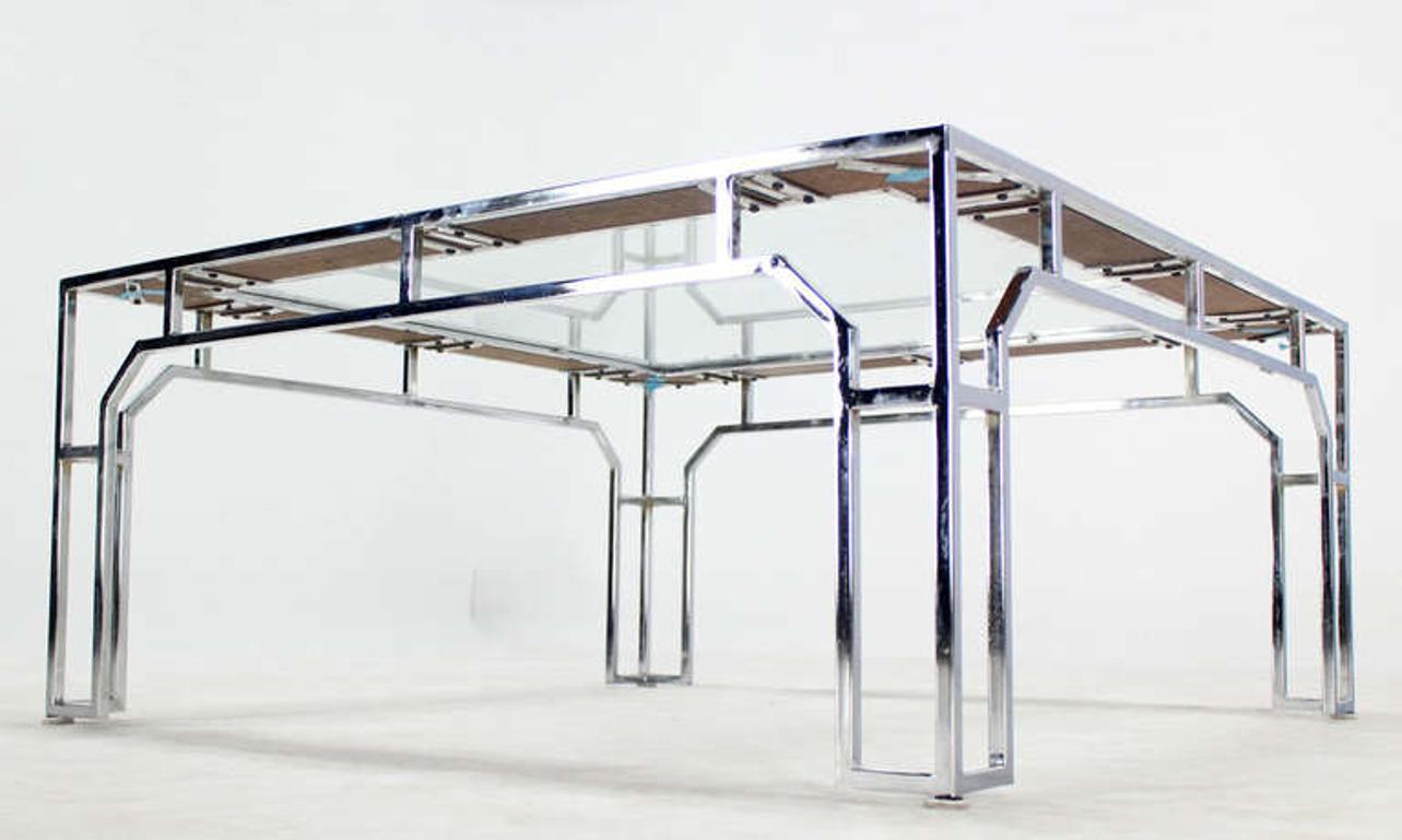 EstablishedLines Mid Century Modern Chrome Glass Top Square Coffee Table w Burl Wood Inserts MINT