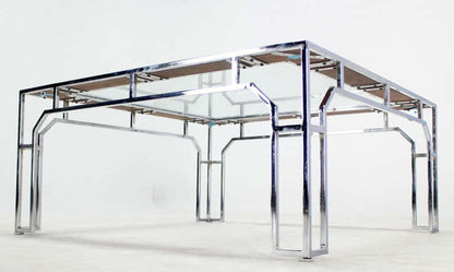 EstablishedLines Mid Century Modern Chrome Glass Top Square Coffee Table w Burl Wood Inserts MINT