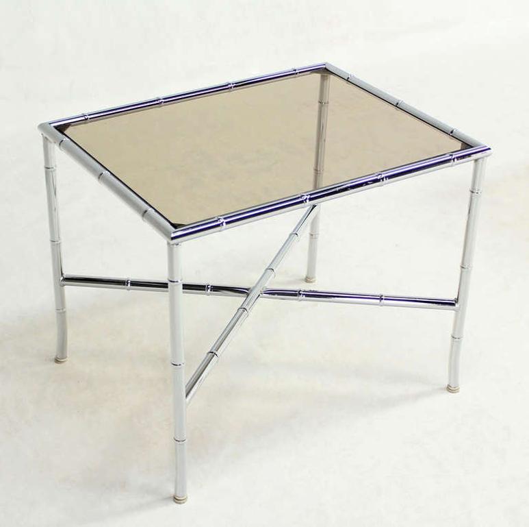 EstablishedLines Pair of Faux Bamboo X Shape Bases  Chrome and Smoked Glass End Tables MINT!