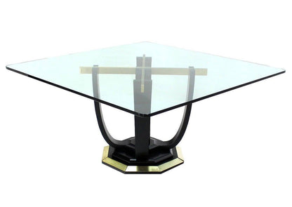 Large Square Glass Top Black Lacquer Brass Base Dining Conference Table MINT