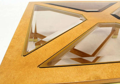 EstablishedLines Beveled Smoked Glass Bird's-Eye Maple Brass Square Legs Coffee Table MINT!