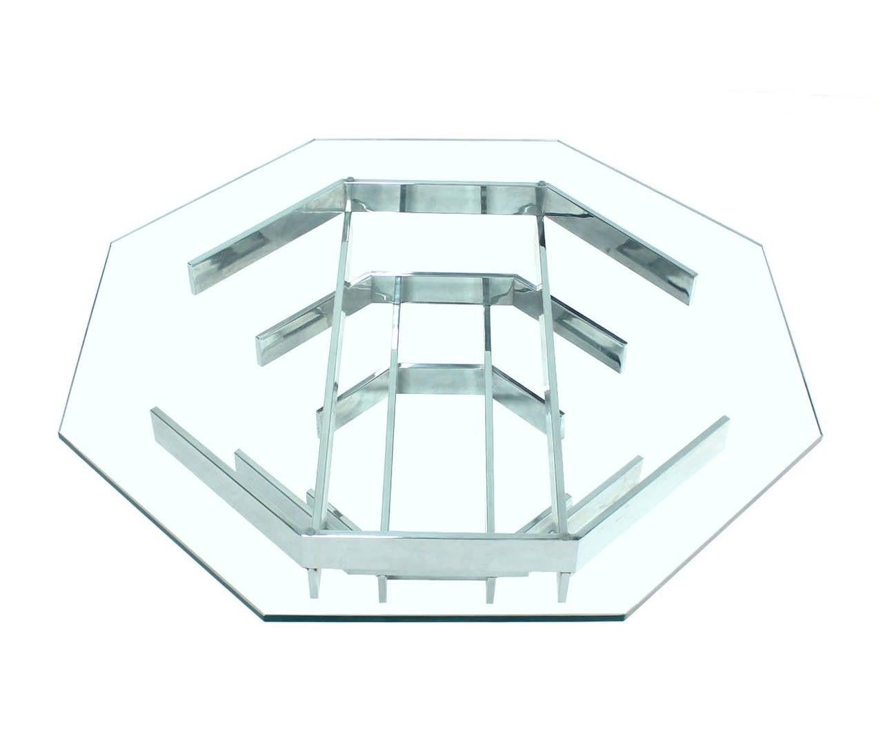 EstablishedLines Mid Century Modern Heavy "Stacked" Chrome Base Octagonal Glass Top Coffee Table